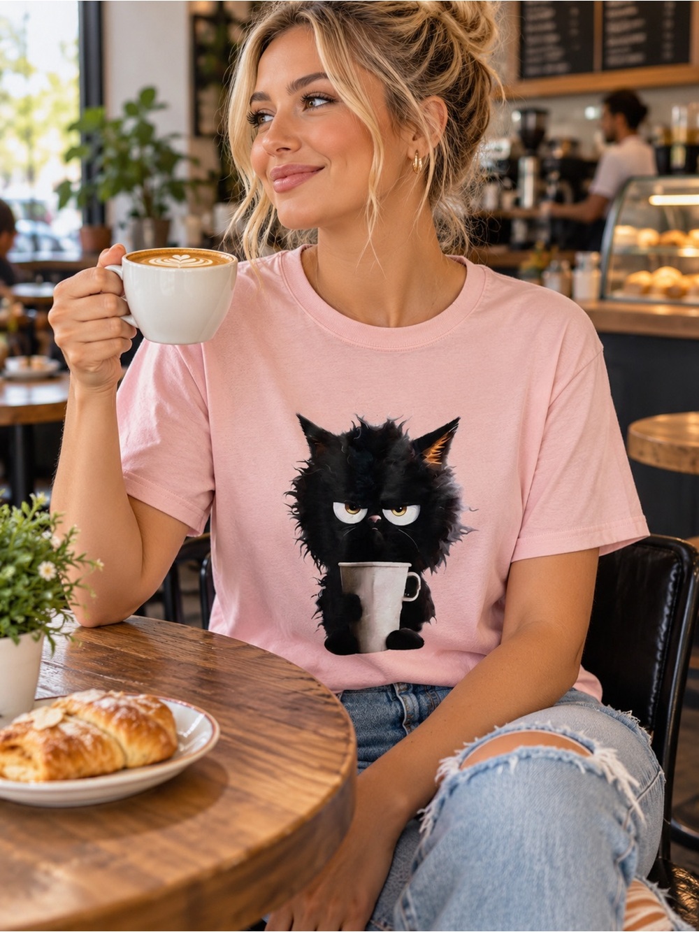 SHEIN Pink Angry Cat Graphic Tee with Coffee Cat Design-EUC